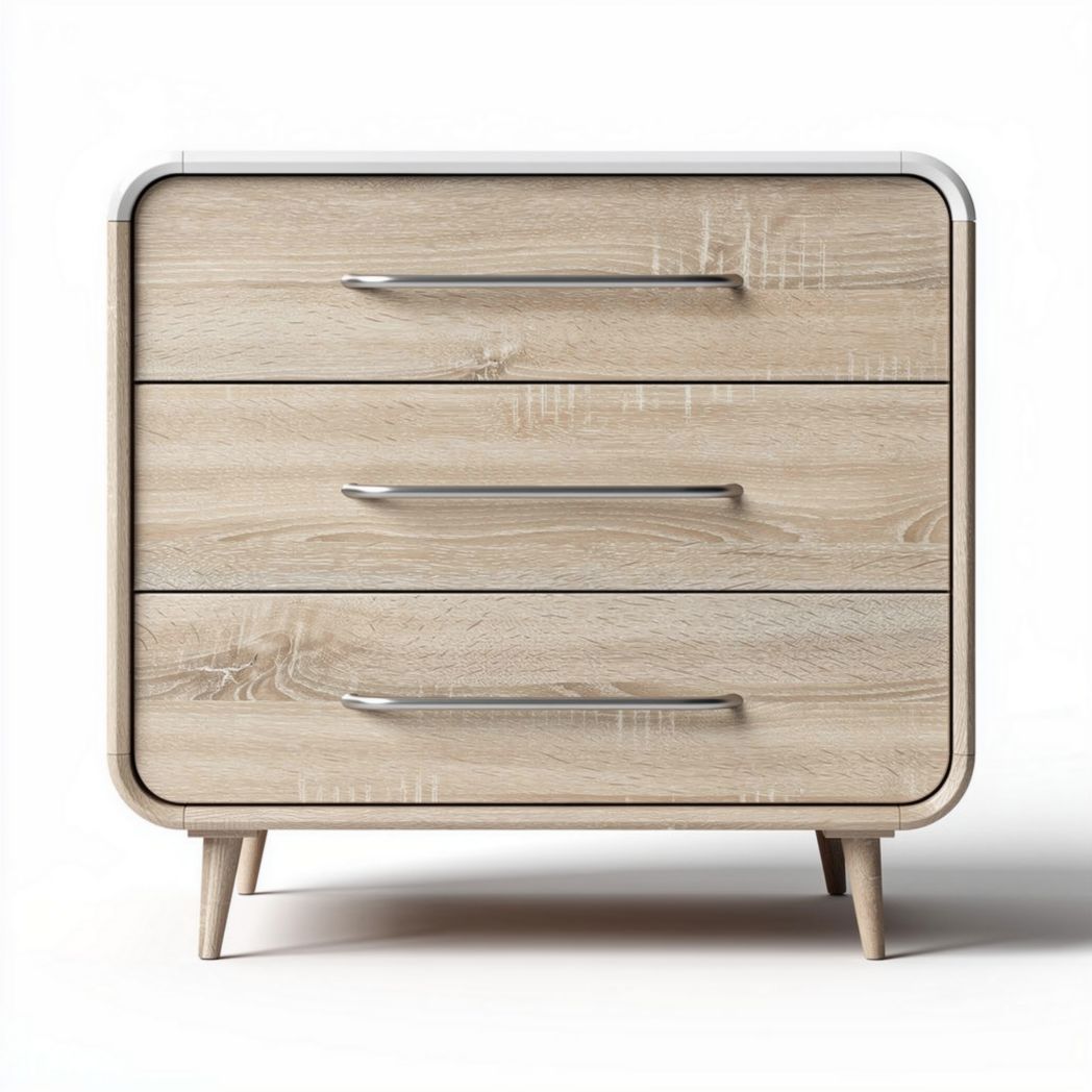 Wooden nightstand with three drawers in natural finish and sleek handles 45 x 40 x 30cm