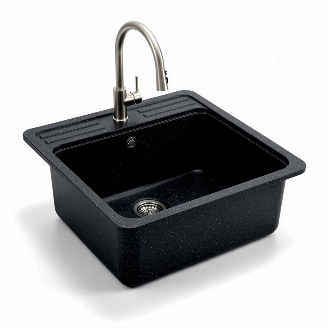 Granite black farmhouse sink with modern pull-down faucet 50 x 40 x 25cm