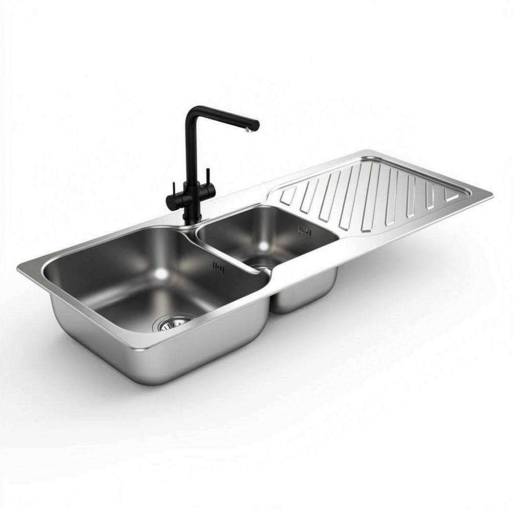 Stainless steel double bowl kitchen sink with drainboard and black faucet 80 x 50 x 20cm