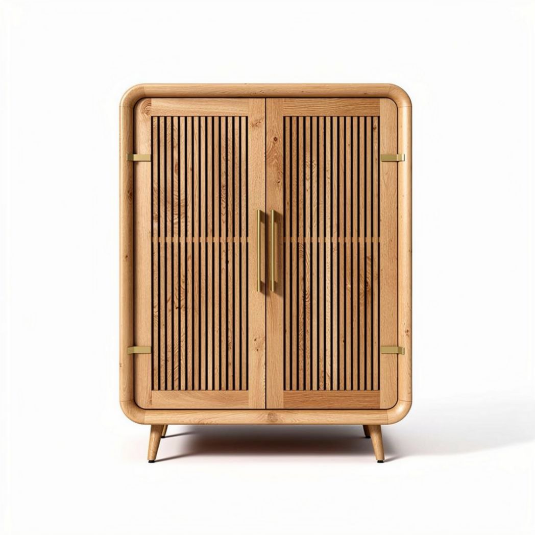 Natural wood storage cabinet with slatted doors 80 x 40 x 100cm