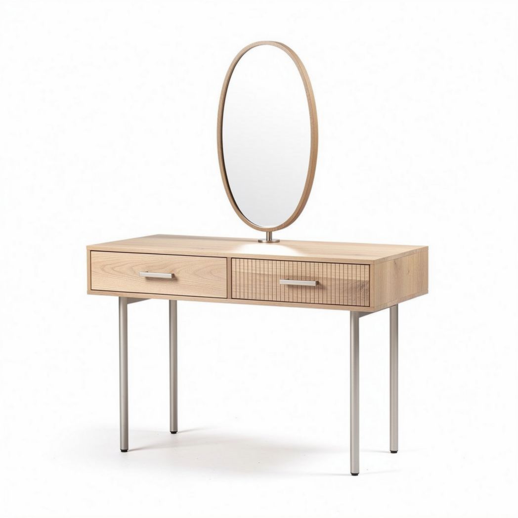 Wooden vanity table with mirror and two drawers in natural finish 120 x 50 x 75cm