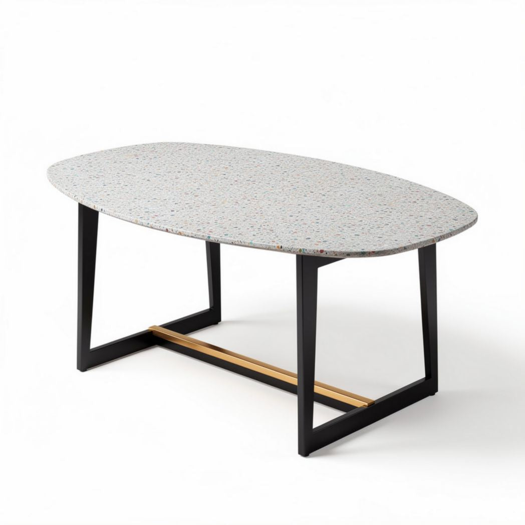 Oval coffee table with terrazzo top and black metal base 120 x 60 x 75cm