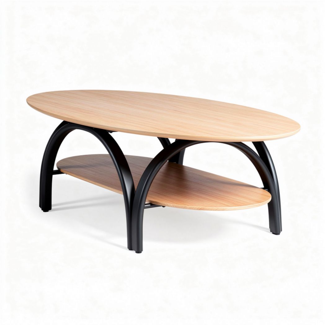 Wood coffee table with oval design and black metal frame 120 x 60 x 45cm
