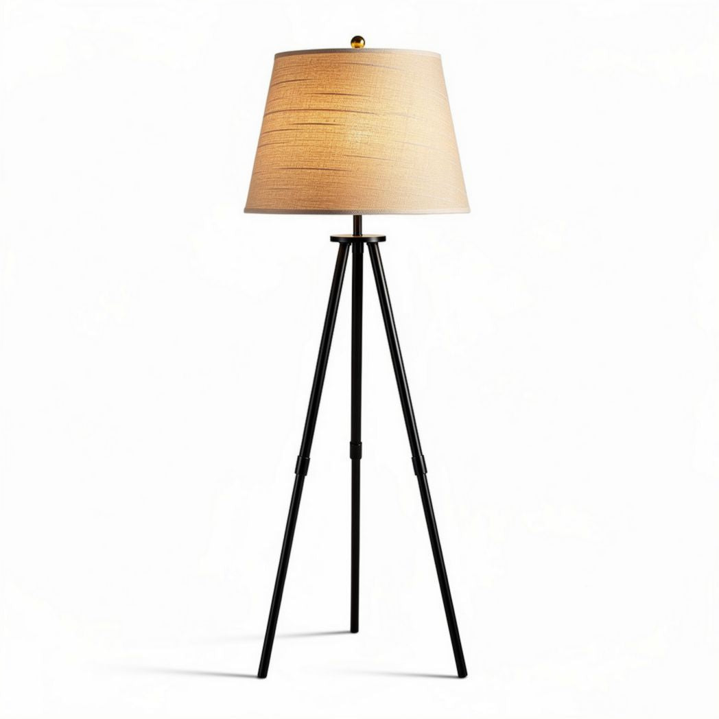 Tripod floor lamp with beige fabric shade and black metal base 40 x 40 x 140cm