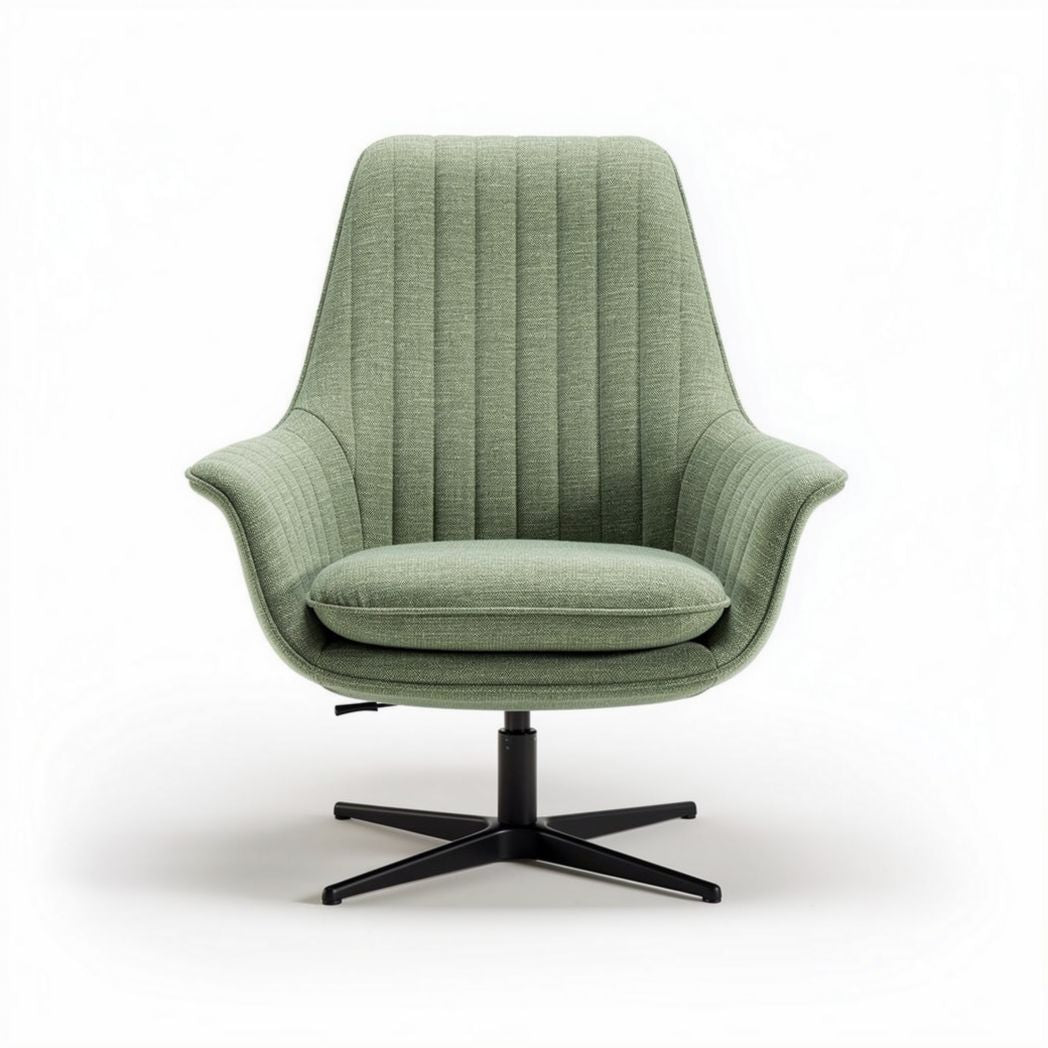Swivel armchair in green fabric with vertical stitching and black base