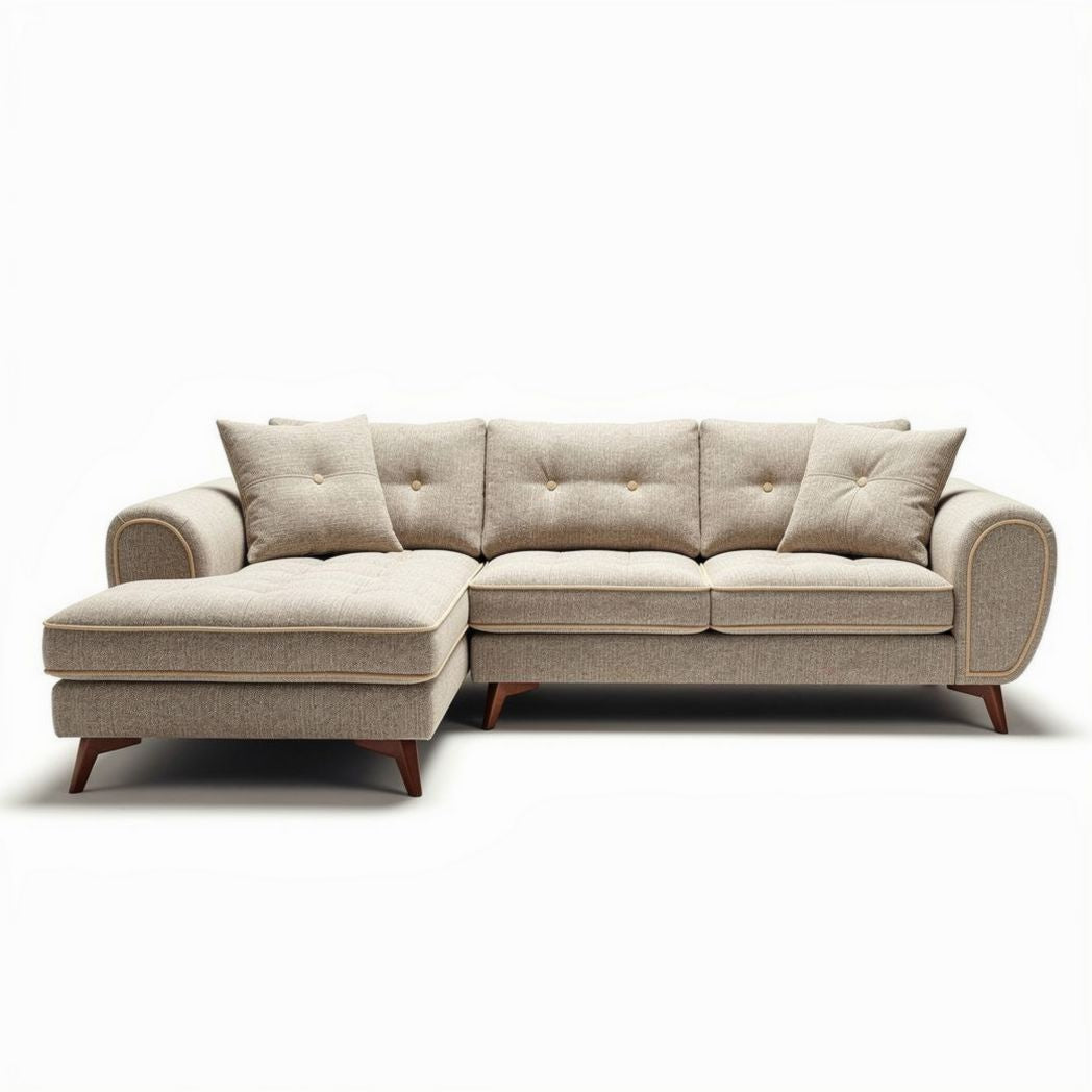 Sectional sofa with chaise lounge in soft fabric and wooden legs 210 x 90 x 85cm