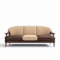 Contemporary sofa with beige and brown fabric upholstery and wooden arms