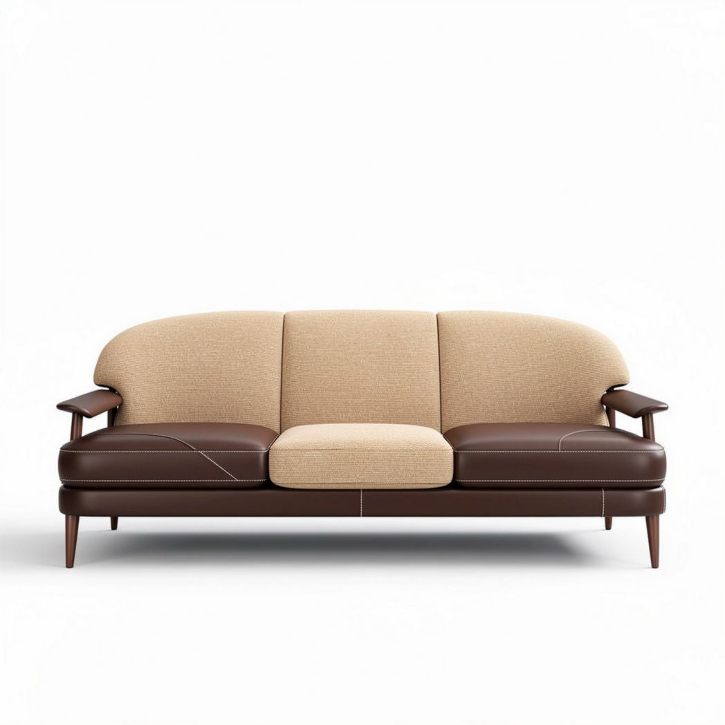 Contemporary sofa with beige and brown fabric upholstery and wooden arms